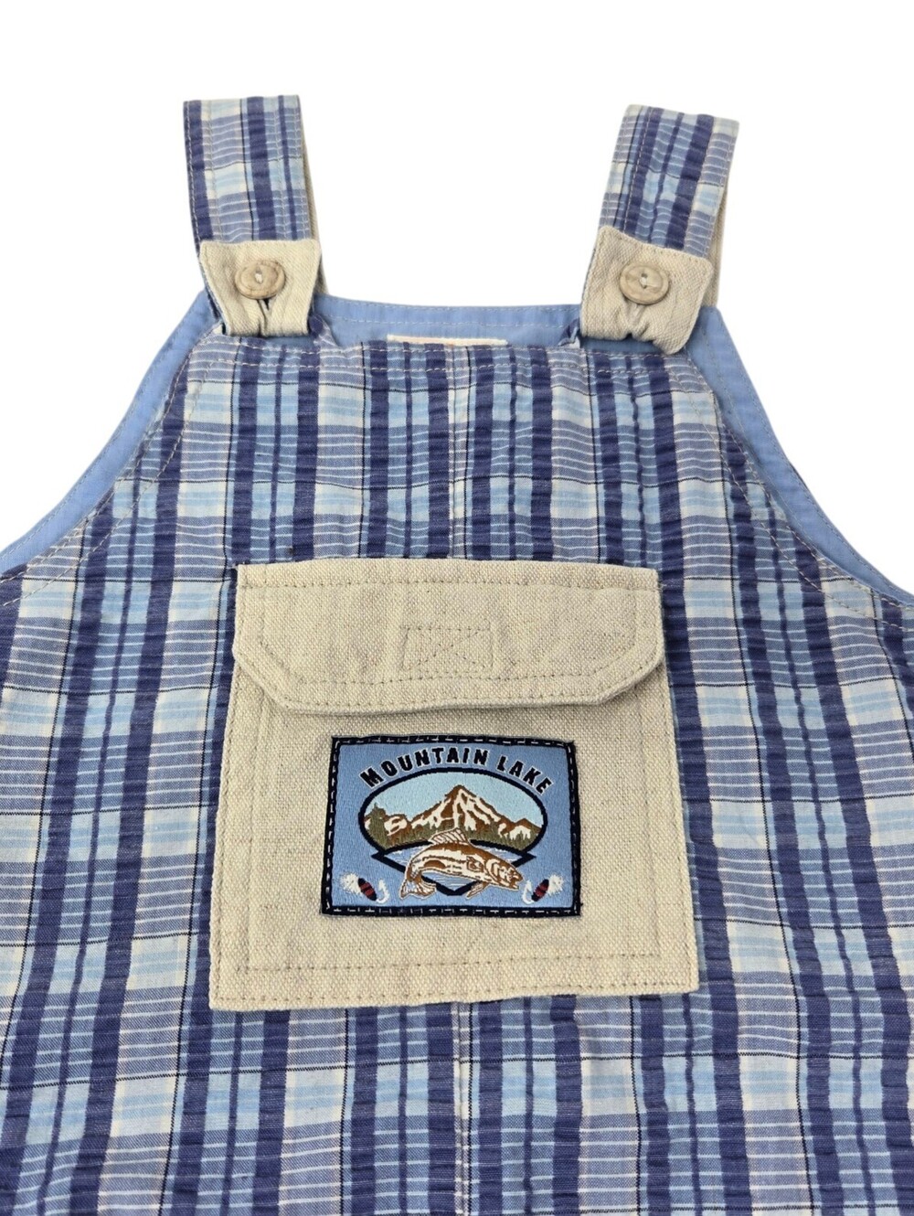 Vintage B.T. Kids Boys Plaid Blue Overalls Mountain Lake Fishing 4T
